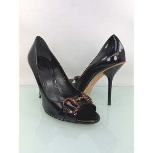 Gucci Horsebit Patent Leather Heels Black Stiletto Peep Toe Pumps Size 7B Italy